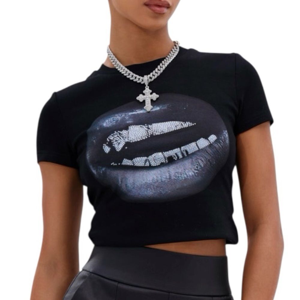 Shein Women’s Graphic Lip Print Crop Top | Size M